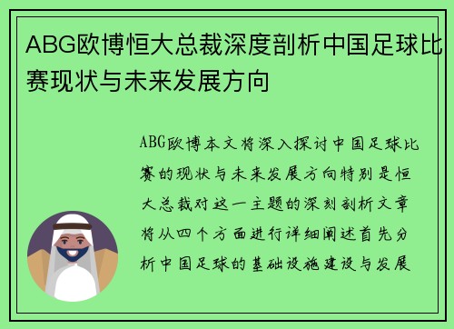 ABG欧博恒大总裁深度剖析中国足球比赛现状与未来发展方向